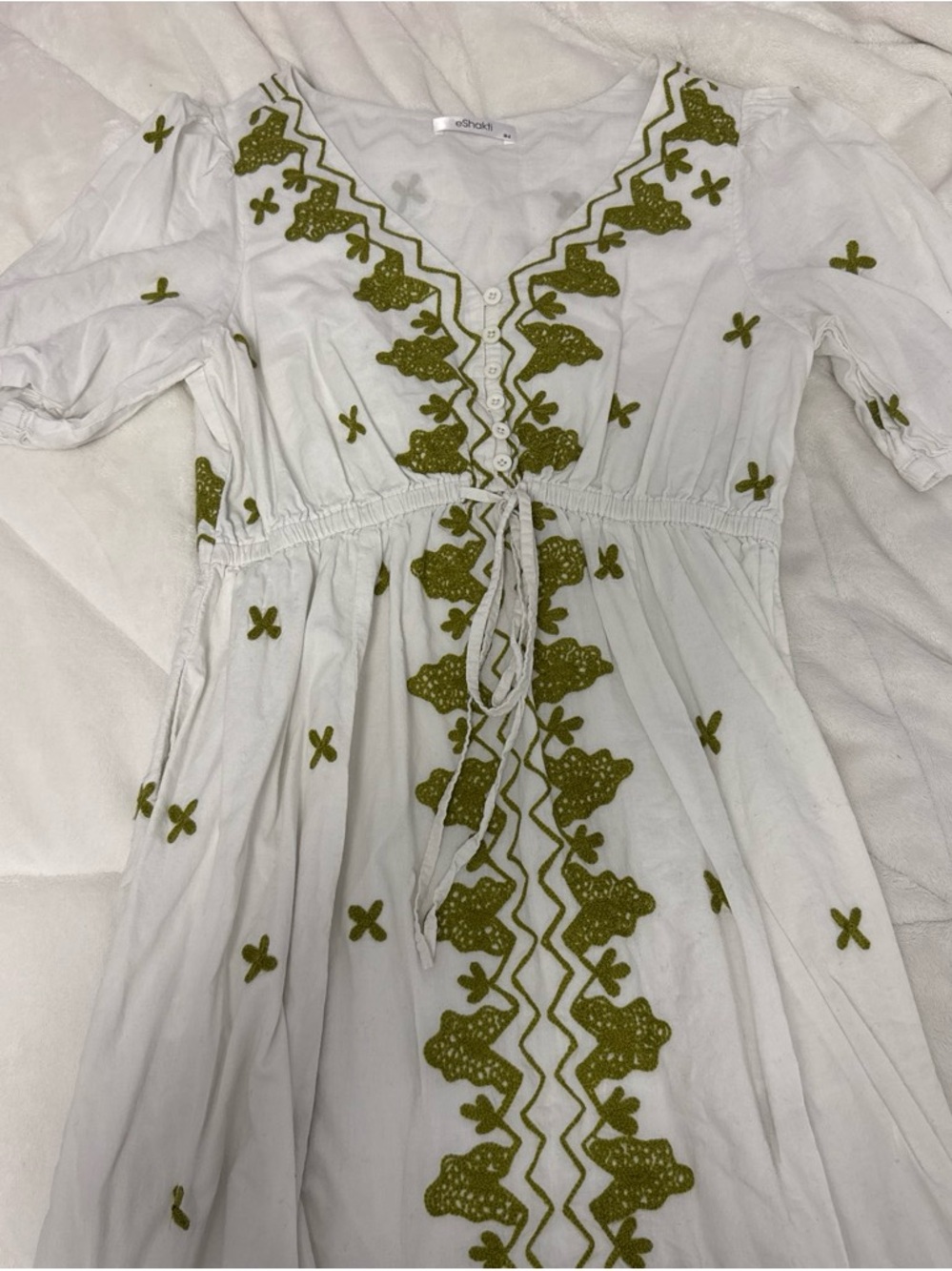eshakti White Midi Dress with Olive-Green Embroidery